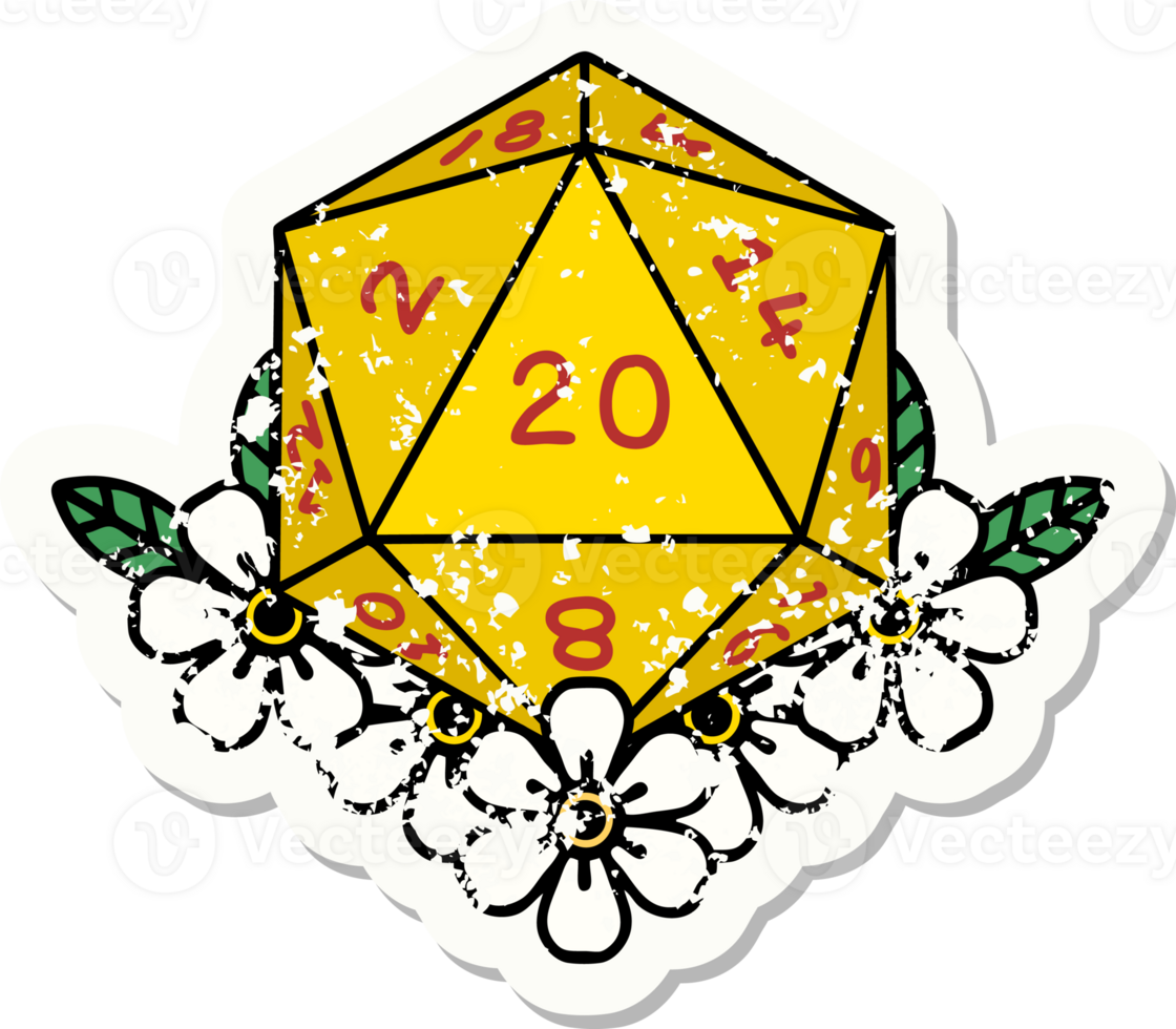 grunge sticker of a natural 20 D20 dice roll with floral elements png