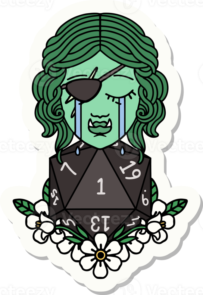 sticker of a crying half orc rogue character with natural one D20 roll png
