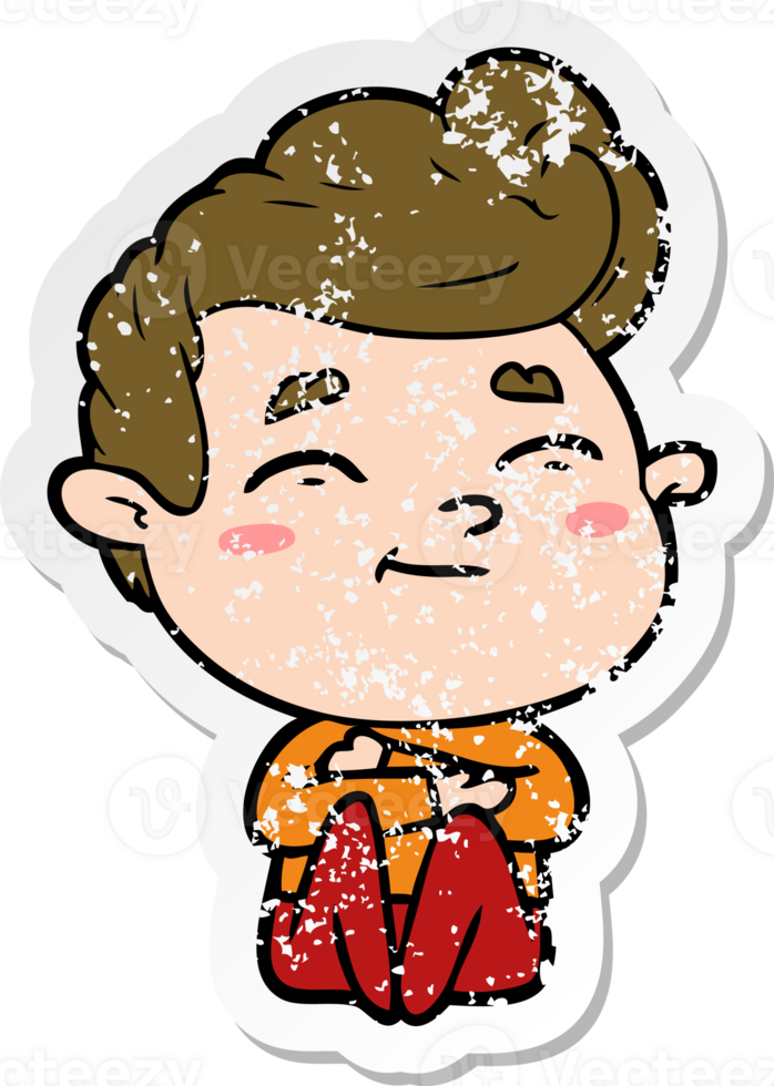 distressed sticker of a happy cartoon man png