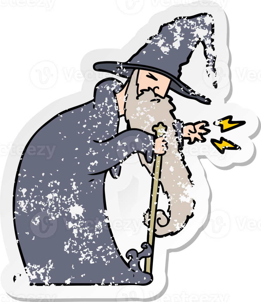 distressed sticker of a cartoon wizard png