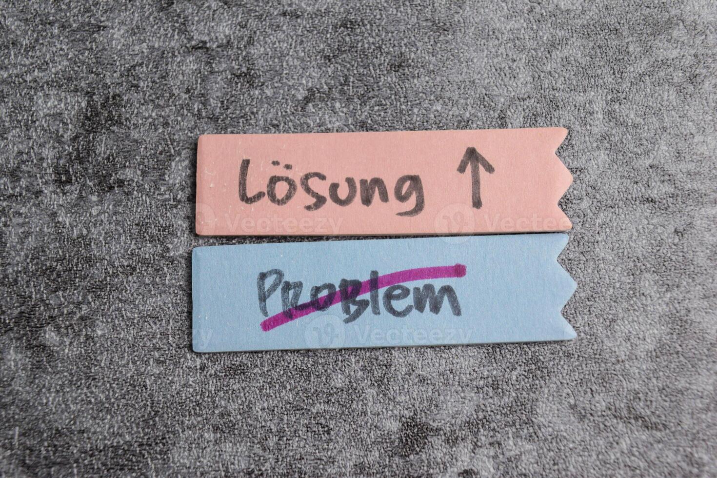 Concept of Losung und Problem write on sticky notes isolated on Wooden Table. photo