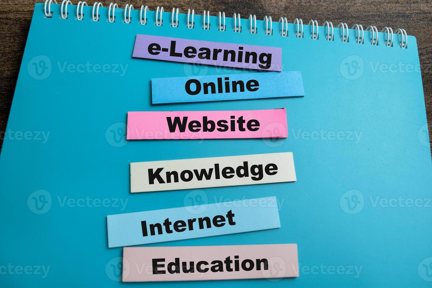 Concept of e-Learning write on sticky notes with keywords isolated on Wooden Table. photo