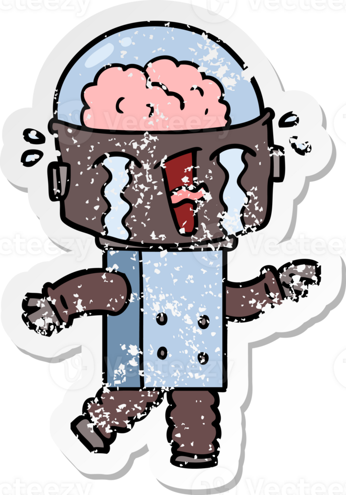 distressed sticker of a cartoon crying robot pointing png