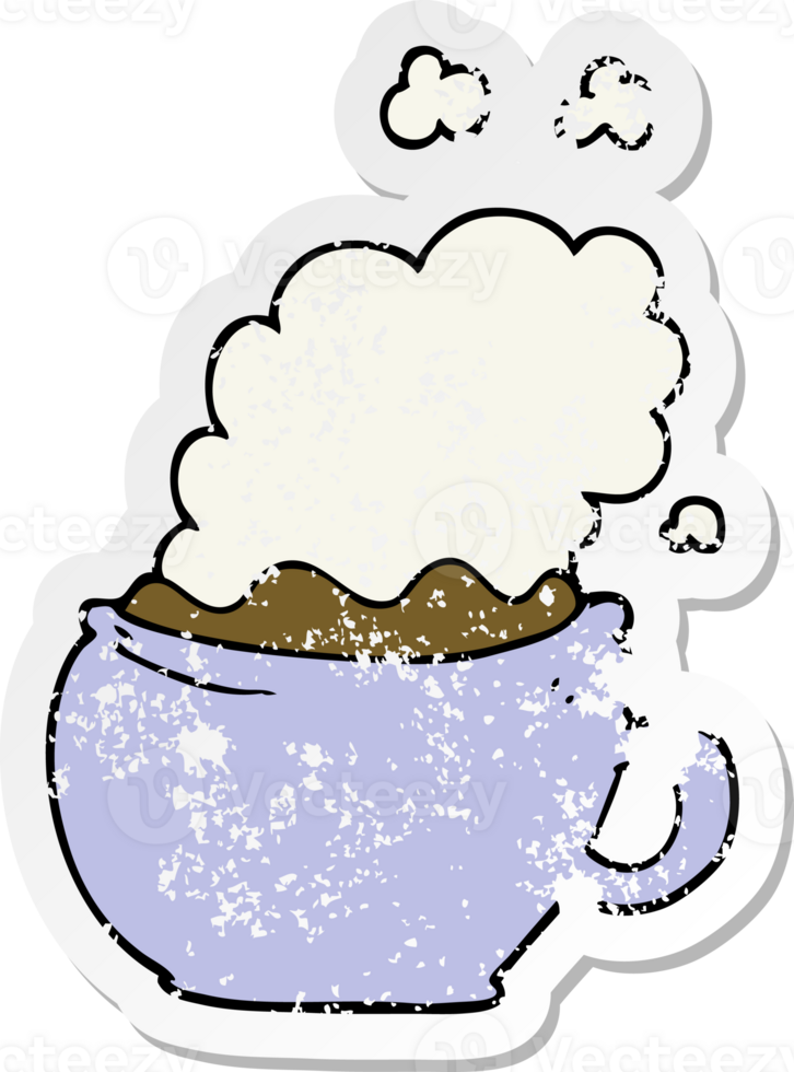 distressed sticker of a cartoon hot cup of coffee png