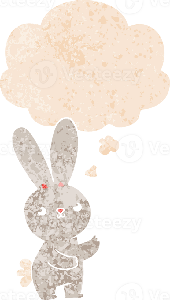 cute cartoon rabbit with thought bubble in grunge distressed retro textured style png