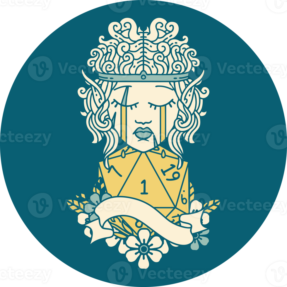 Retro Tattoo Style sad elf barbarian character face with natural one D20 roll png