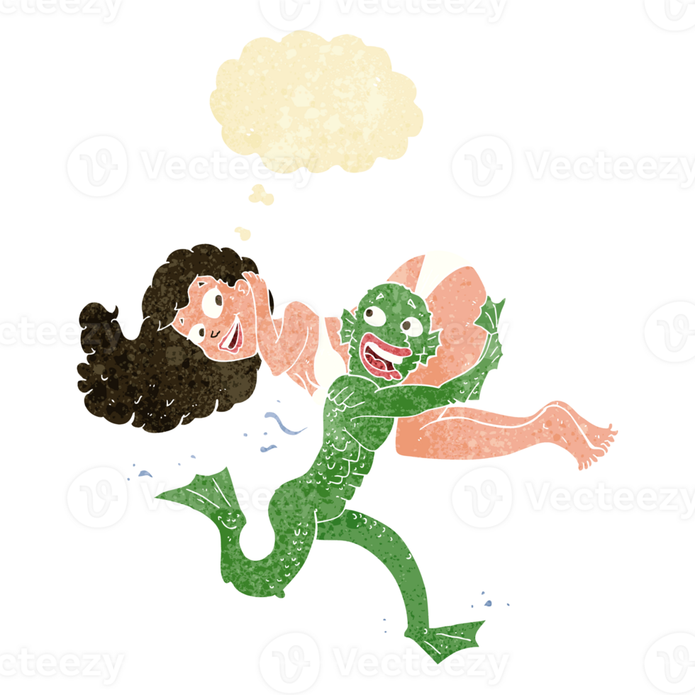 cartoon swamp monster carrying girl in bikini with thought bubble png