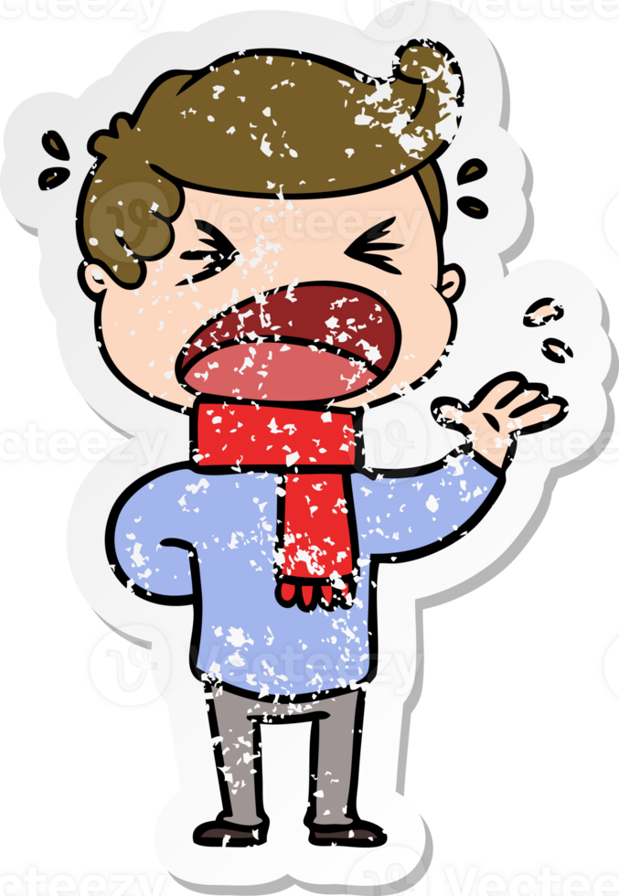 distressed sticker of a cartoon shouting man png