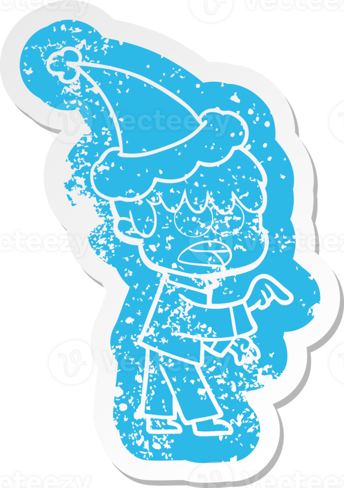 worried quirky cartoon distressed sticker of a boy wearing santa hat png