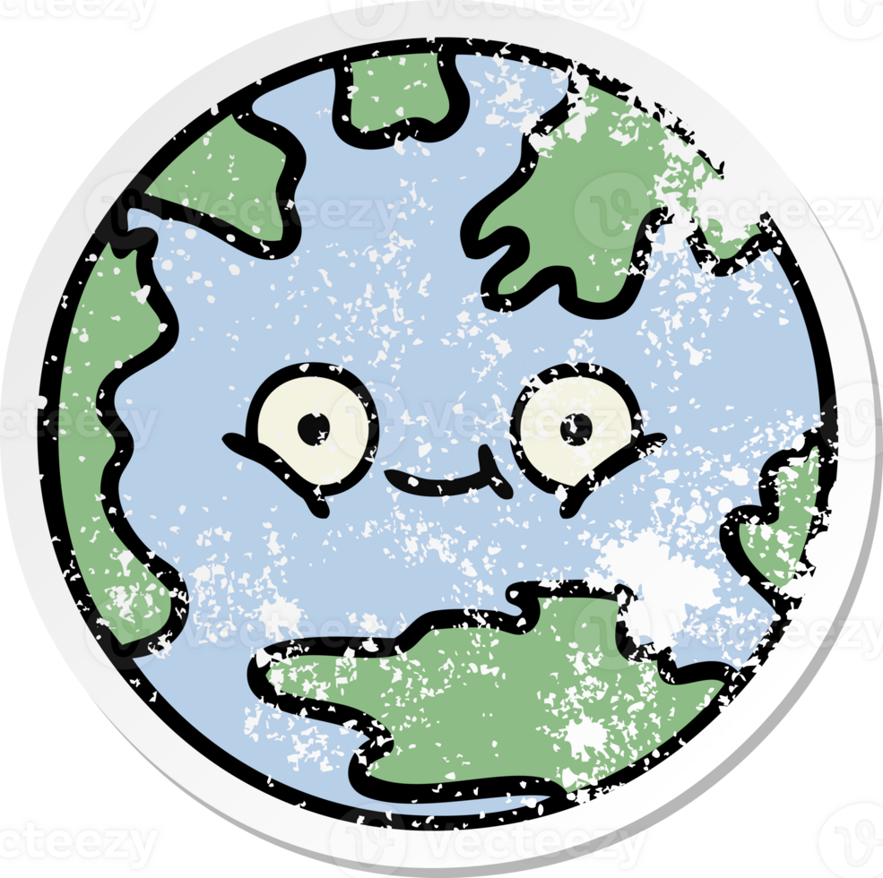 distressed sticker of a cute cartoon planet earth png