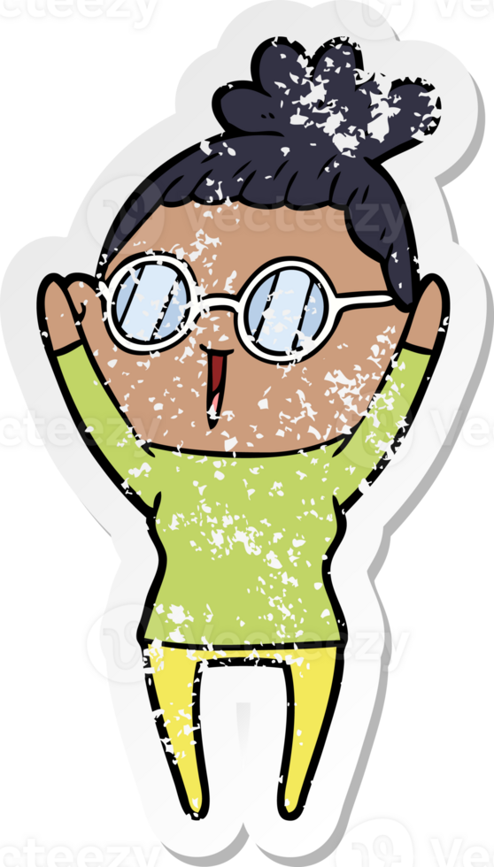distressed sticker of a cartoon woman wearing spectacles png
