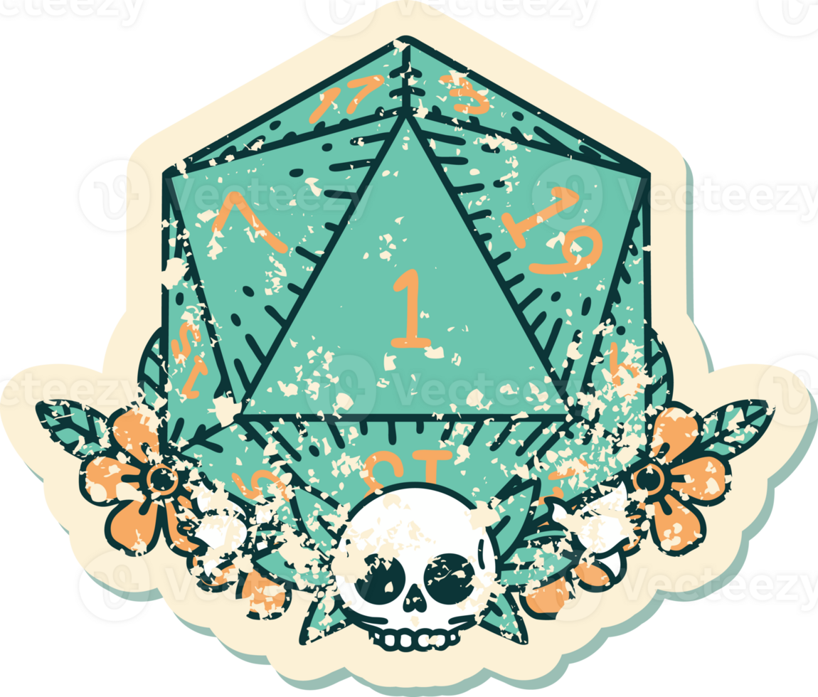 grunge sticker of a natural one dice roll with floral elements png