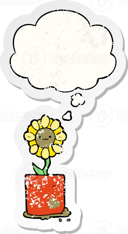 cute cartoon flower with thought bubble as a distressed worn sticker png