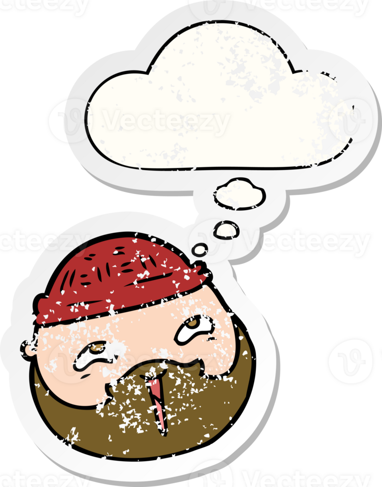 cartoon male face with beard with thought bubble as a distressed worn sticker png