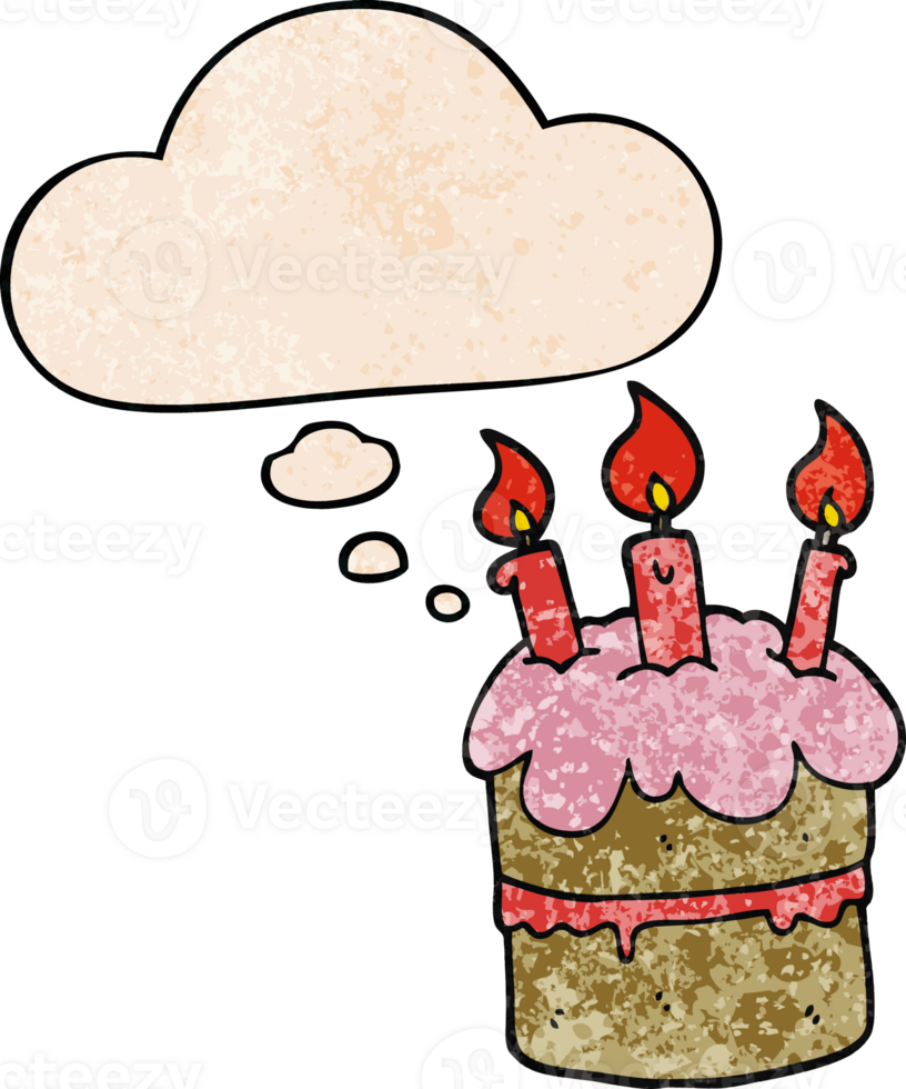 cartoon birthday cake with thought bubble in grunge texture style png