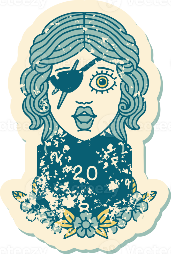 Retro Tattoo Style human rogue with natural twenty dice roll png