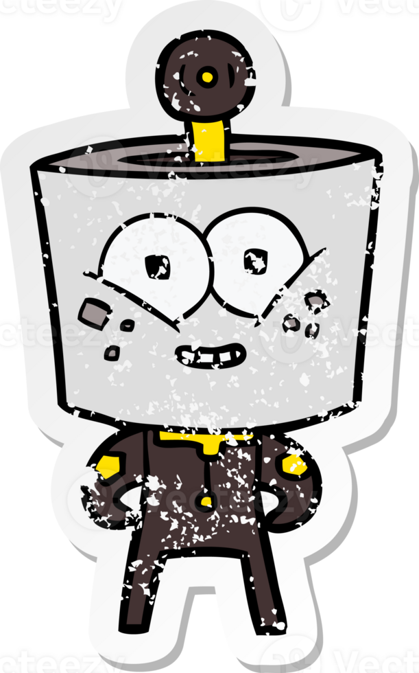 distressed sticker of a happy cartoon robot png