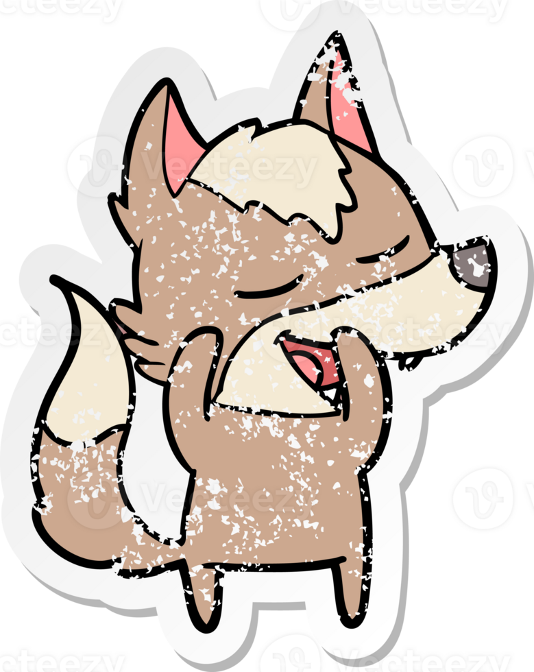 distressed sticker of a cartoon wolf laughing png