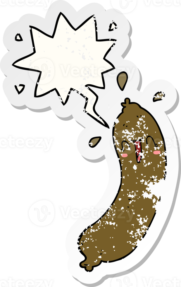 happy cartoon sausage with speech bubble distressed distressed old sticker png