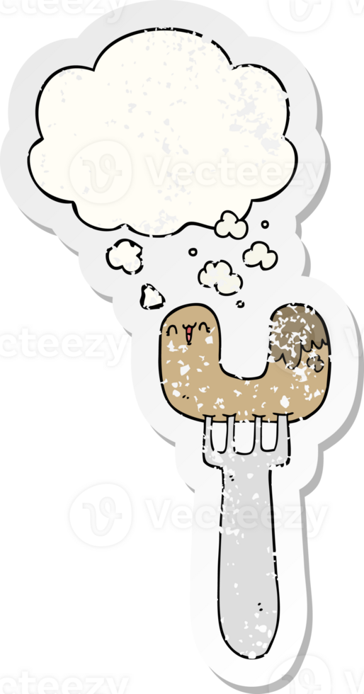 cartoon sausage on fork with thought bubble as a distressed worn sticker png