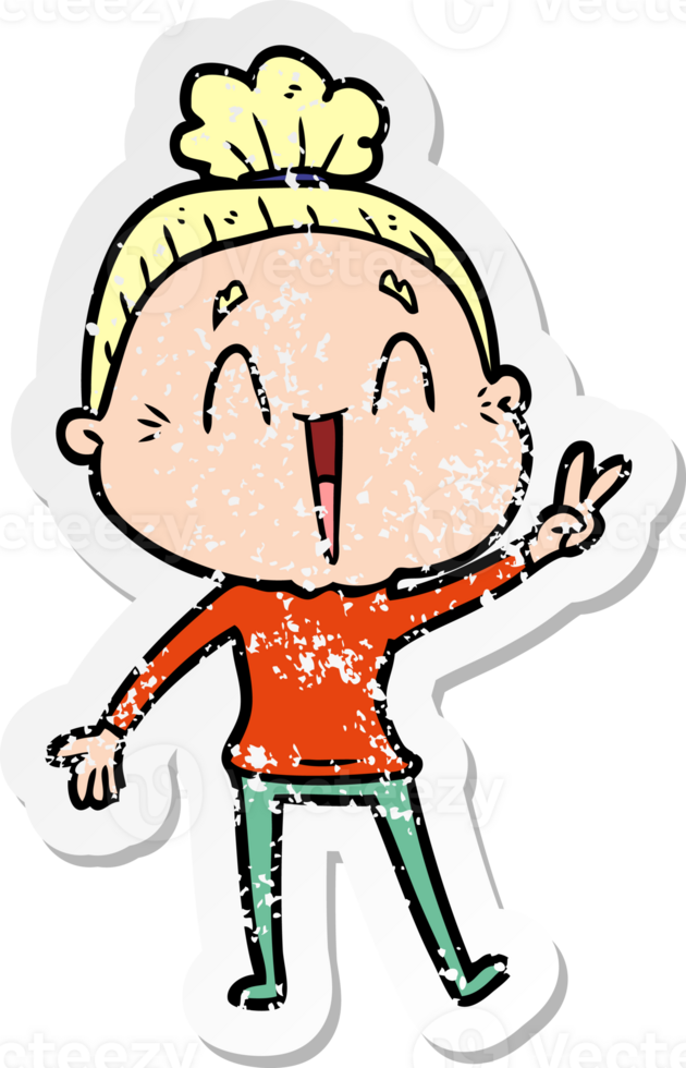 distressed sticker of a cartoon happy old lady png