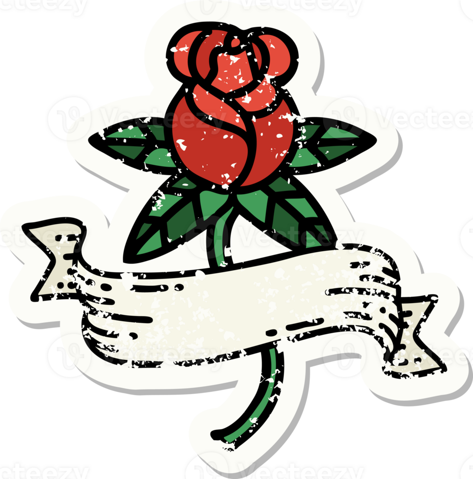 distressed sticker tattoo in traditional style of a rose and banner png