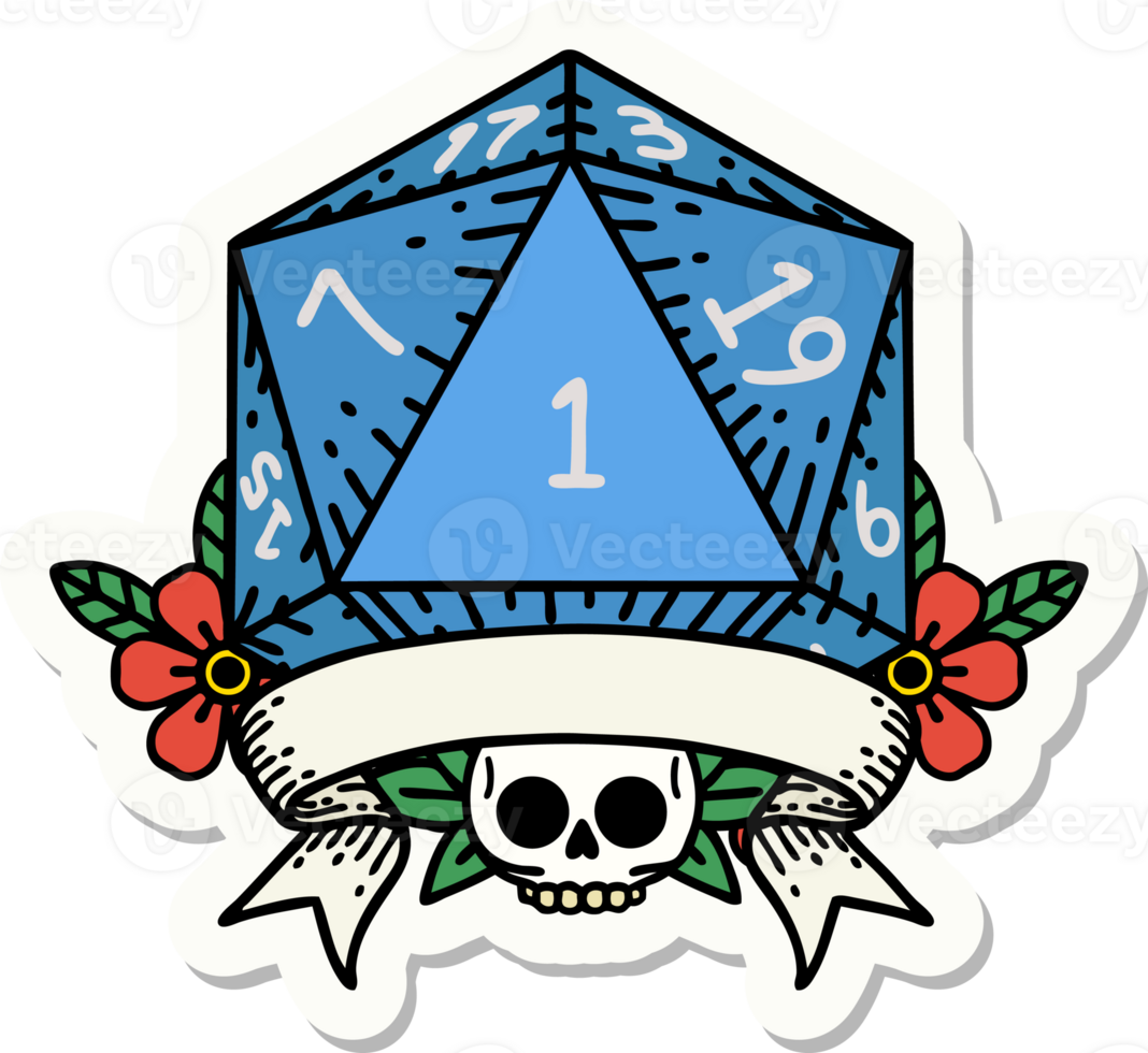 sticker of a natural one d20 dice roll png