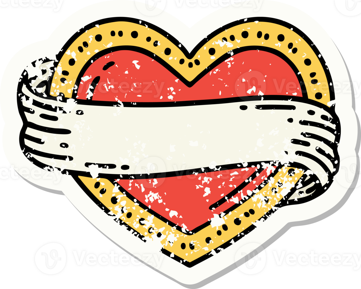 distressed sticker tattoo in traditional style of a heart and banner png