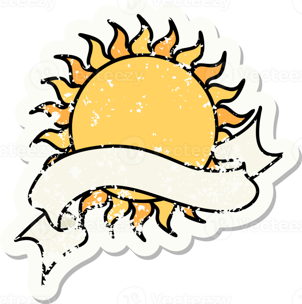 worn old sticker with banner of a sun png
