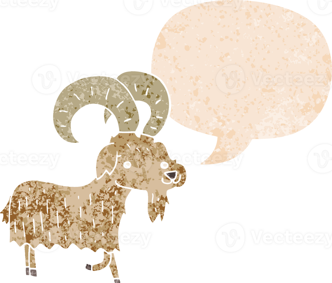 cartoon goat with speech bubble in grunge distressed retro textured style png
