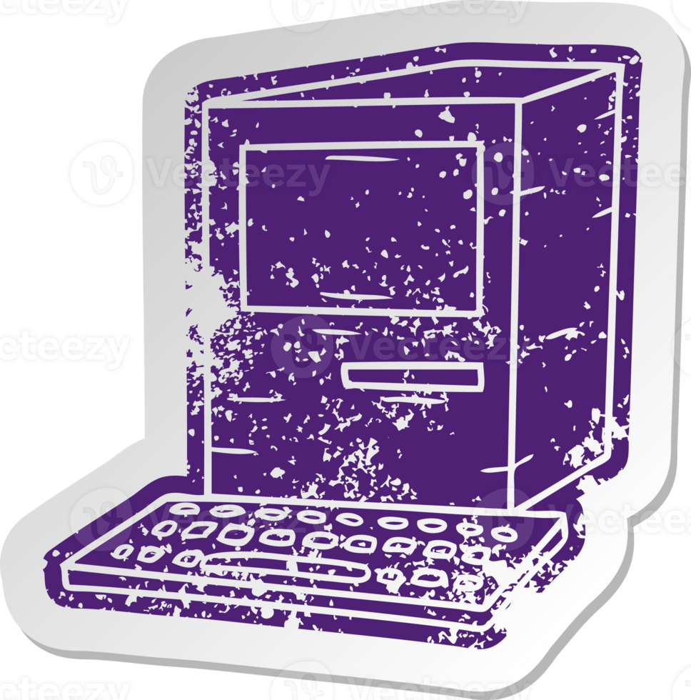 distressed old cartoon sticker of a computer and keyboard png