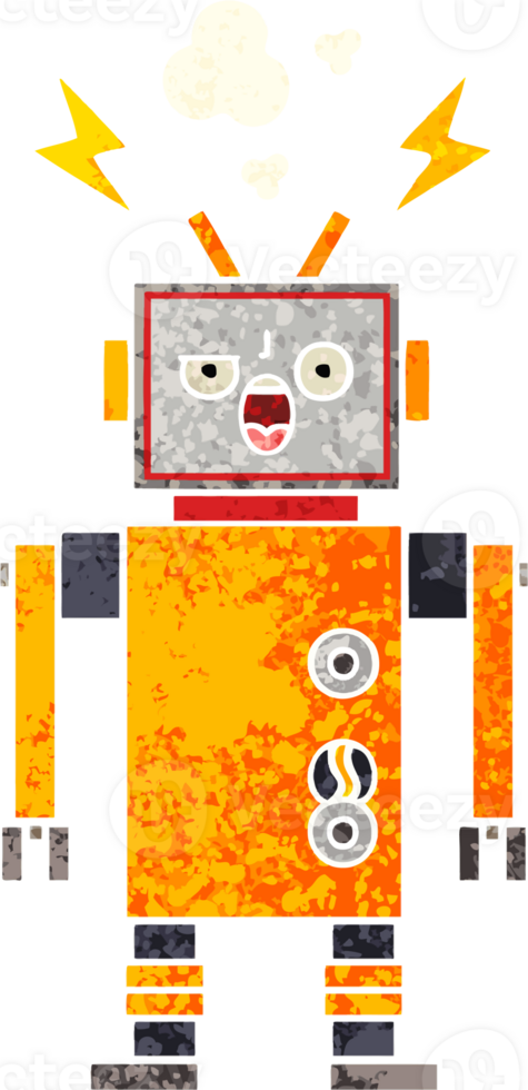 retro illustration style cartoon of a broken robot png