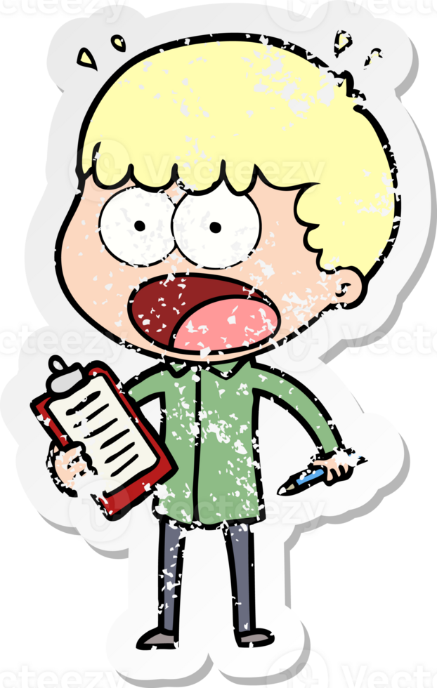distressed sticker of a cartoon shocked man with clipboard and pen png