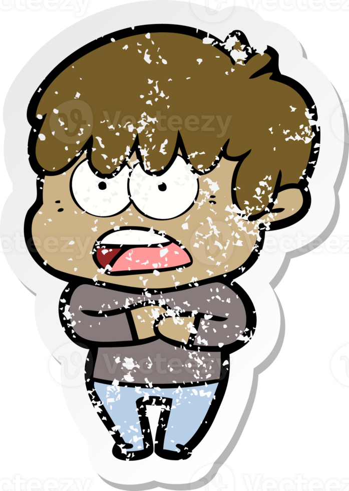 distressed sticker of a worried cartoon boy png