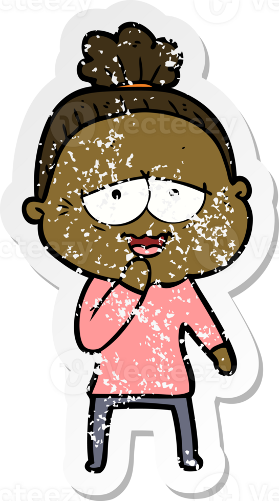 distressed sticker of a cartoon happy old lady png