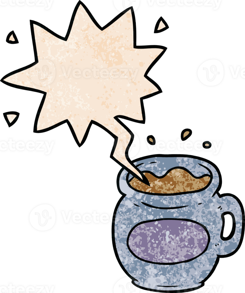 cartoon mug of coffee with speech bubble in retro texture style png