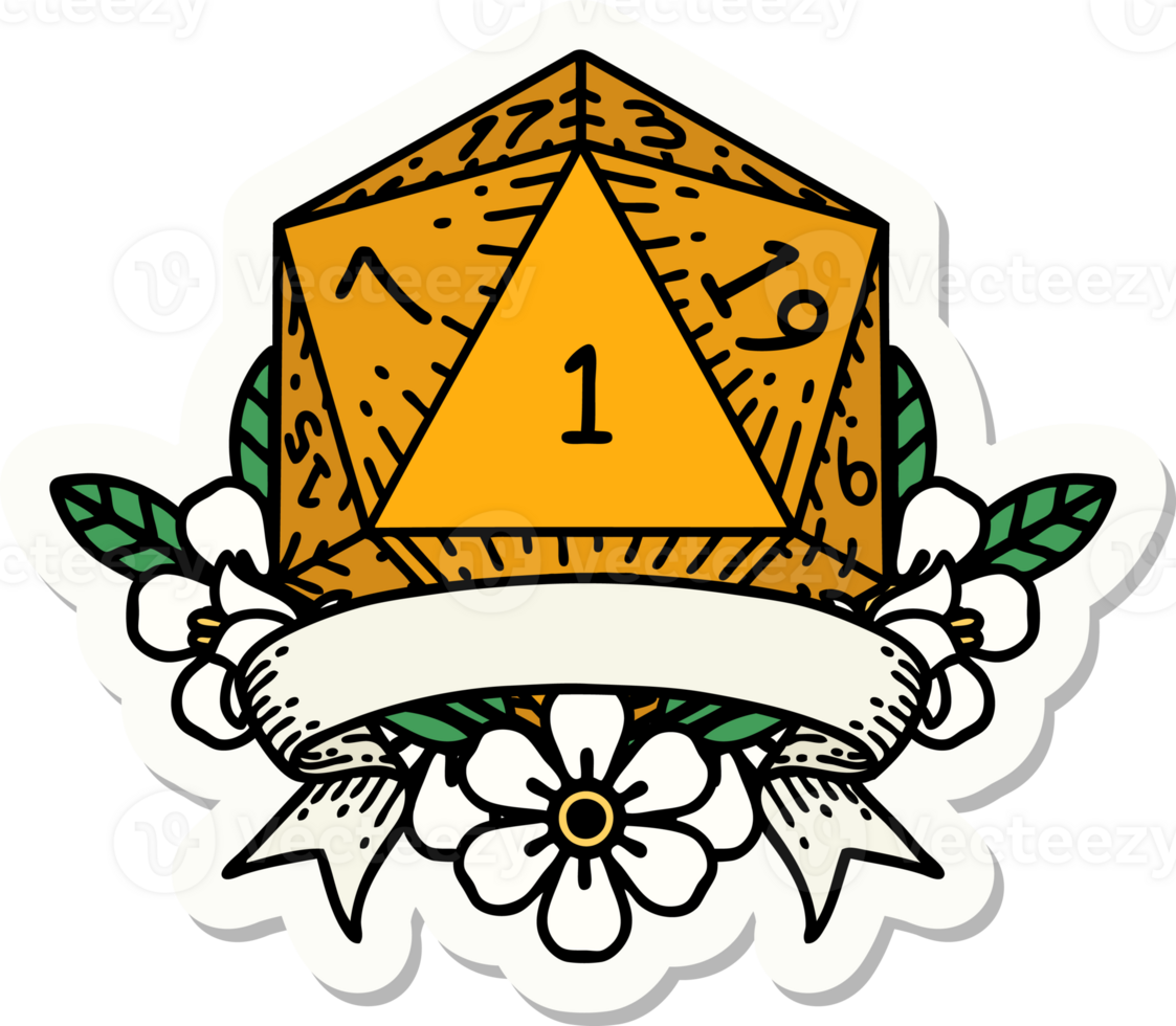 sticker of a natural one d20 dice roll png