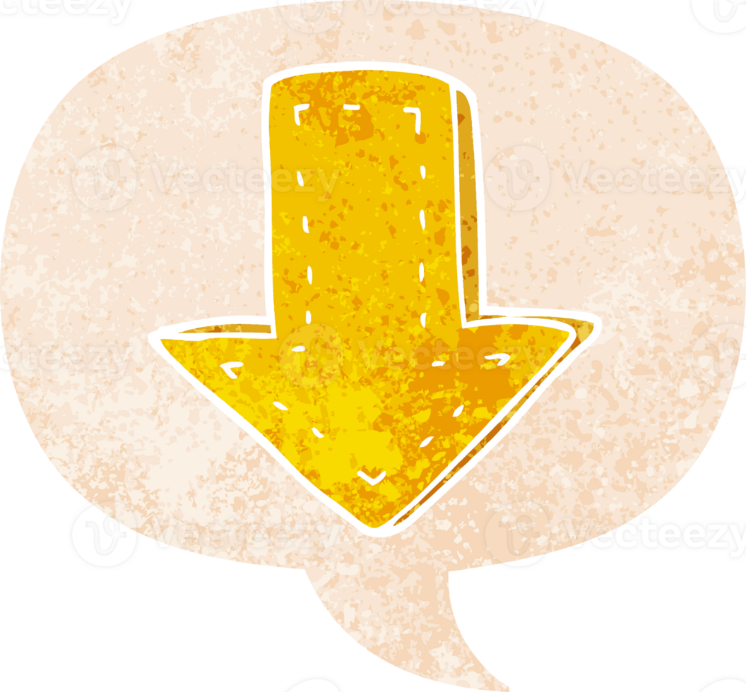 cartoon pointing arrow with speech bubble in grunge distressed retro textured style png