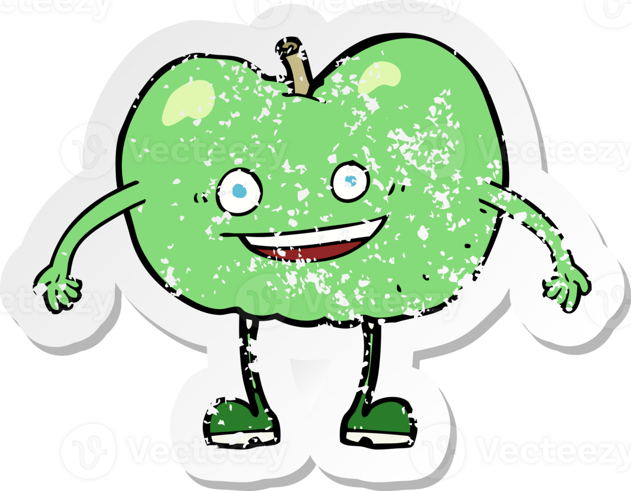 retro distressed sticker of a cartoon happy apple character png