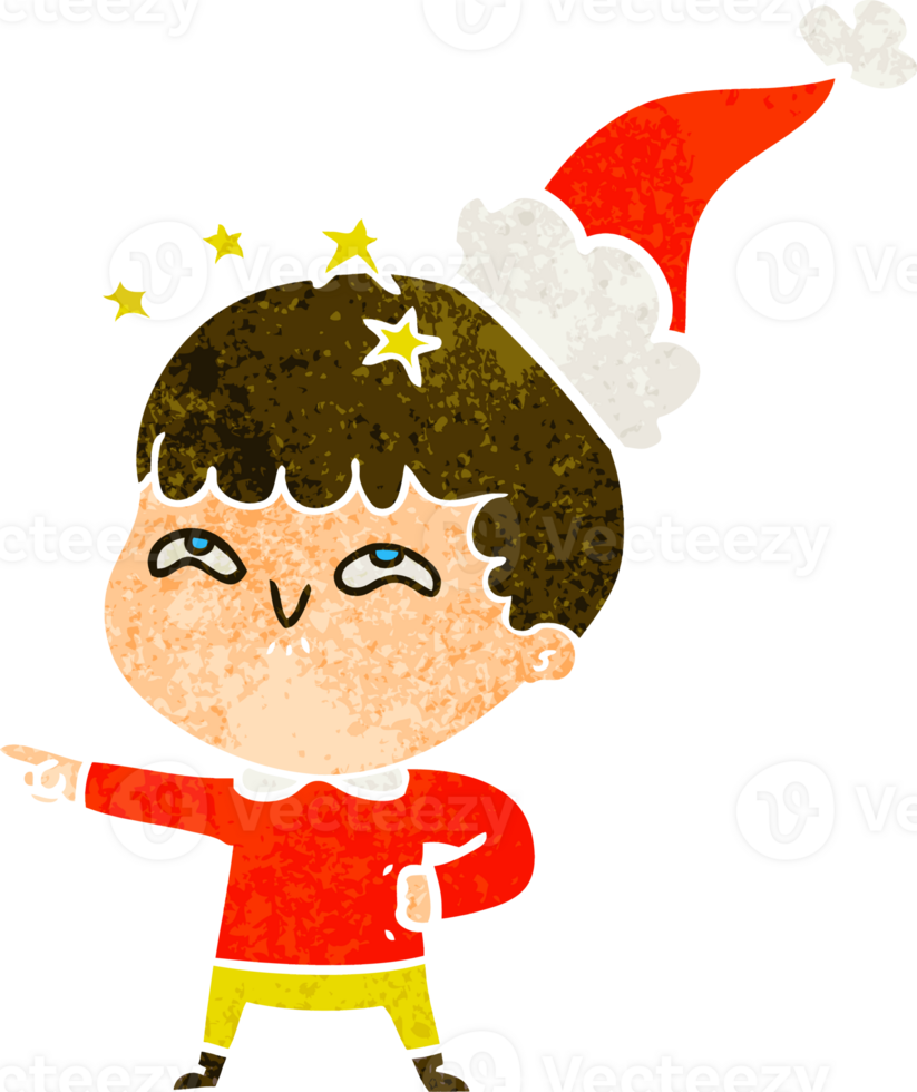 hand drawn retro cartoon of a amazed boy wearing santa hat png