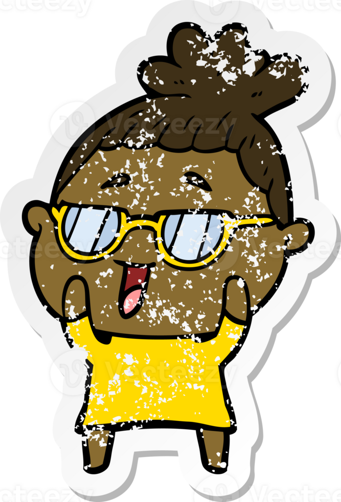 distressed sticker of a cartoon happy woman wearing spectacles png
