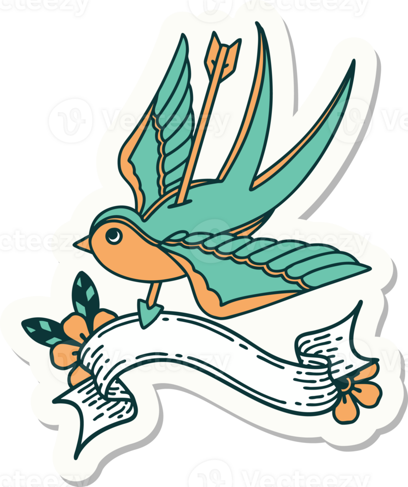 tattoo style sticker with banner of a swallow pierced by arrow png