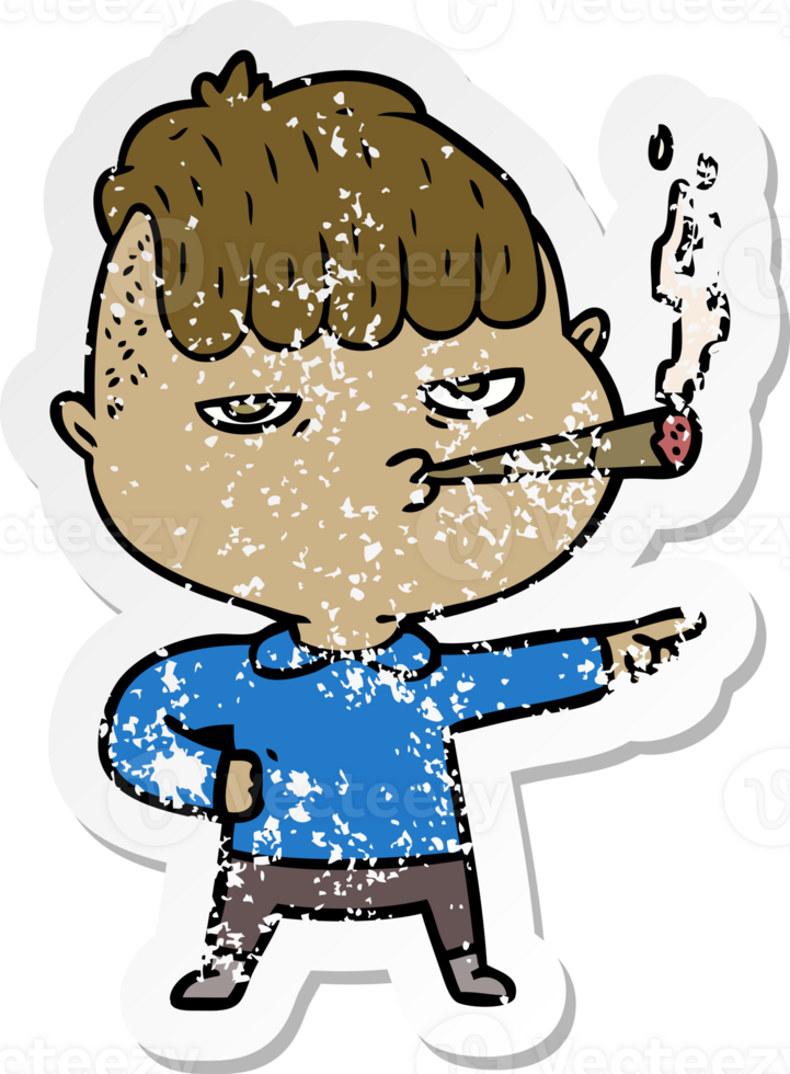 distressed sticker of a cartoon man smoking png