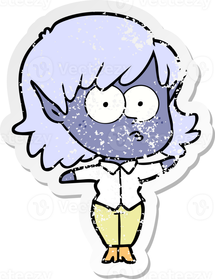 distressed sticker of a cartoon elf girl staring png