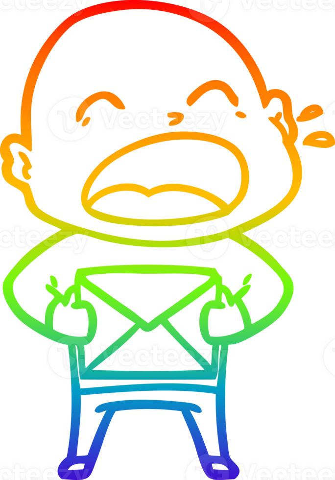 rainbow gradient line drawing of a cartoon shouting bald man png