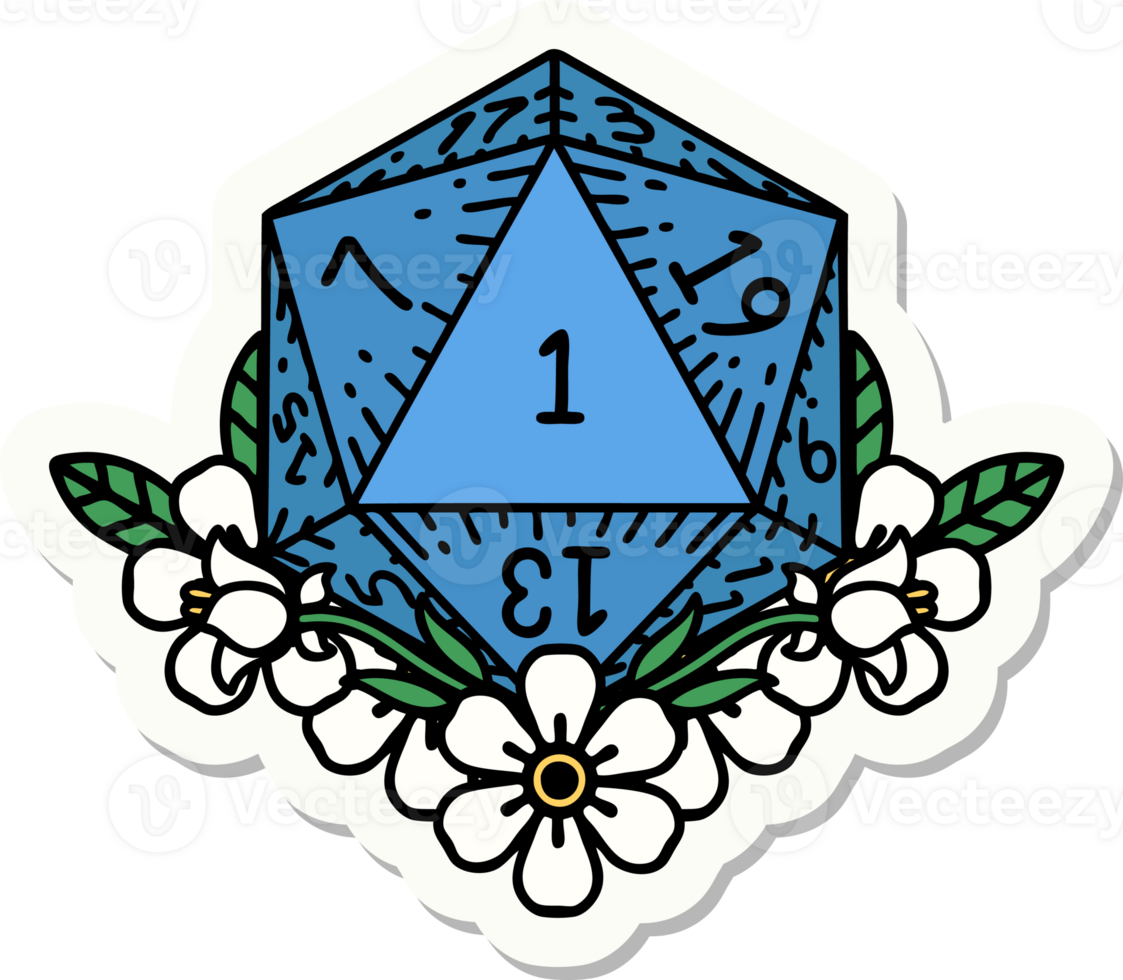 sticker of a natural one dice roll with floral elements png