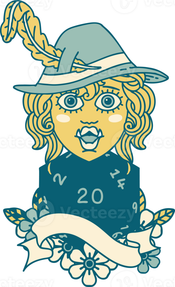 Retro Tattoo Style singing half orc bard character with natural twenty dice roll png