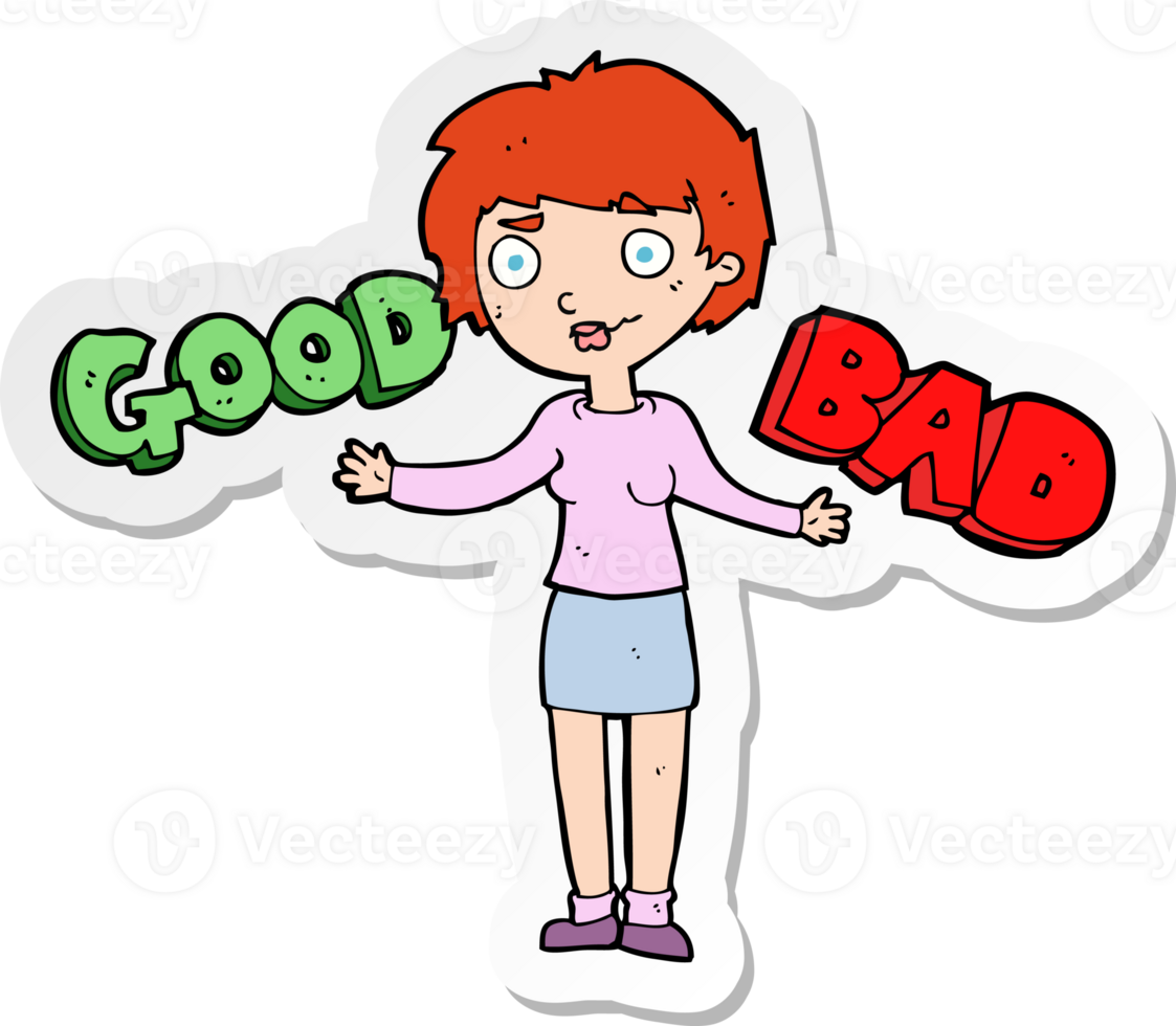 sticker of a cartoon woman weighing up options png