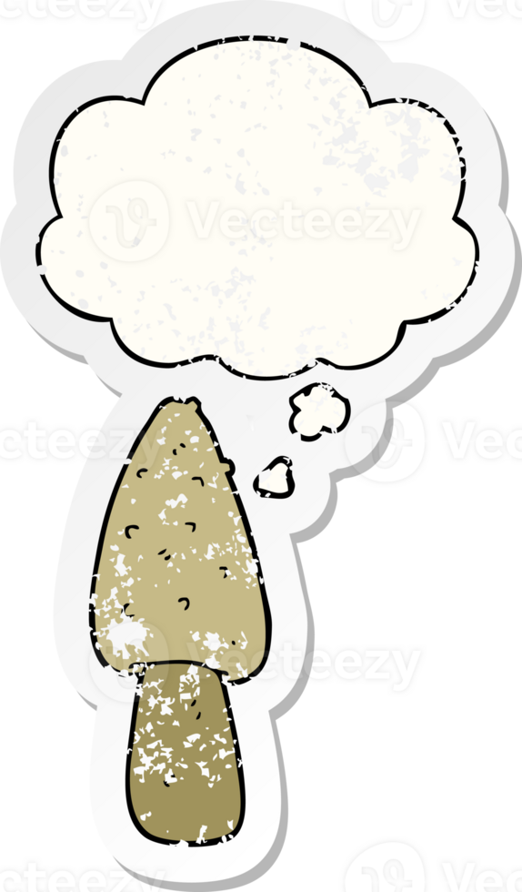 cartoon mushroom with thought bubble as a distressed worn sticker png