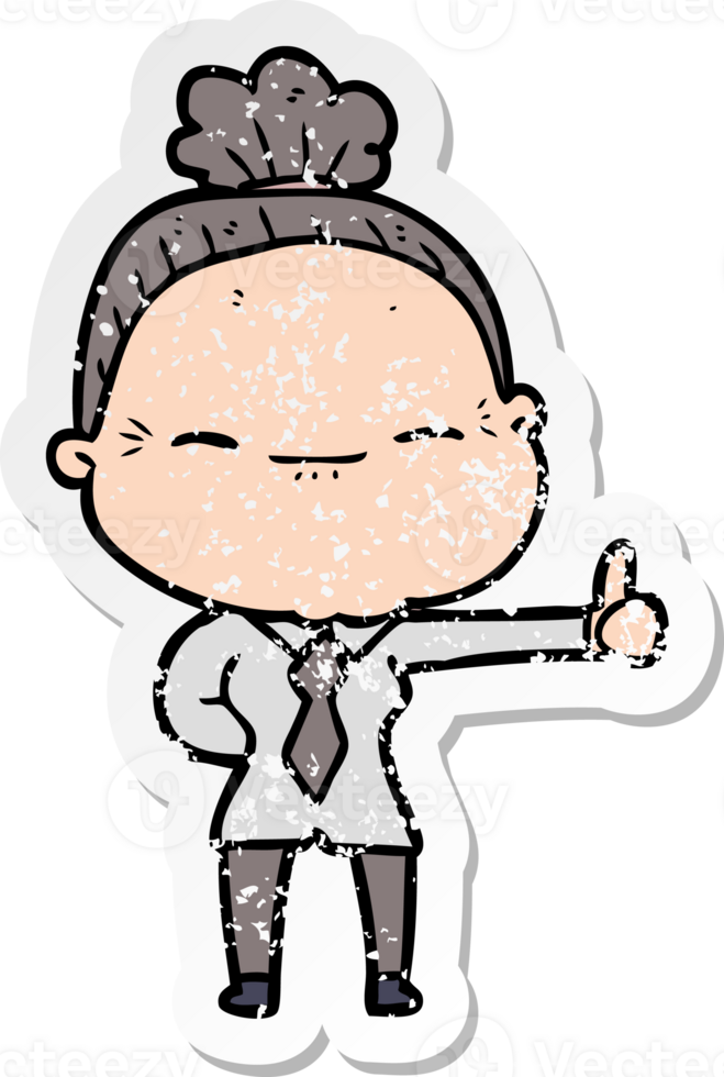 distressed sticker of a cartoon peaceful old woman png